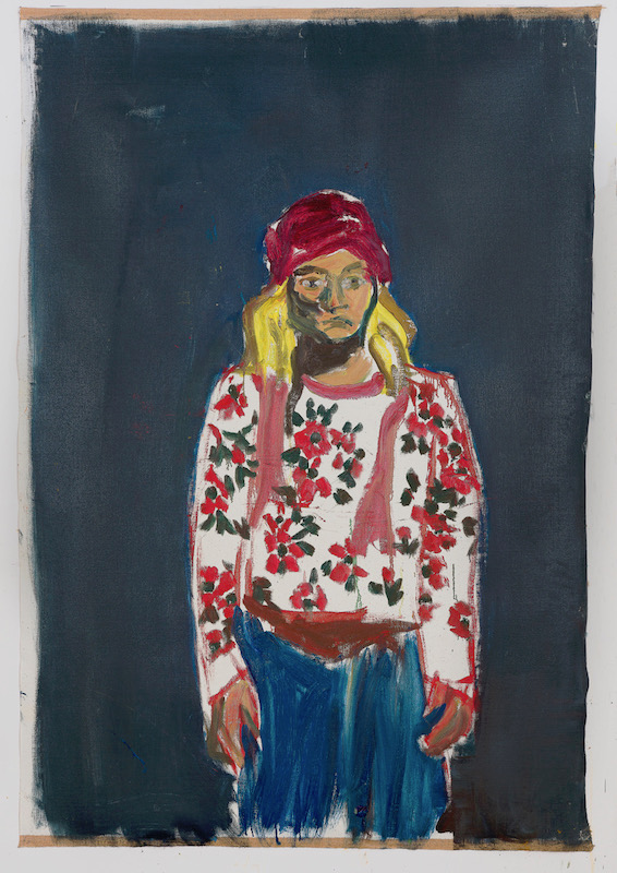 Damien Cabanes : Damien Cabanes, Sandra à la tunique à fleurs, Huile sur toile, 2021 222 x 154 cm, © Courtesy Galerie Eric Dupont, Paris.